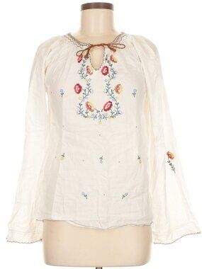 Aqua Ivory Embroidered Peasant Blouse with Floral Accents